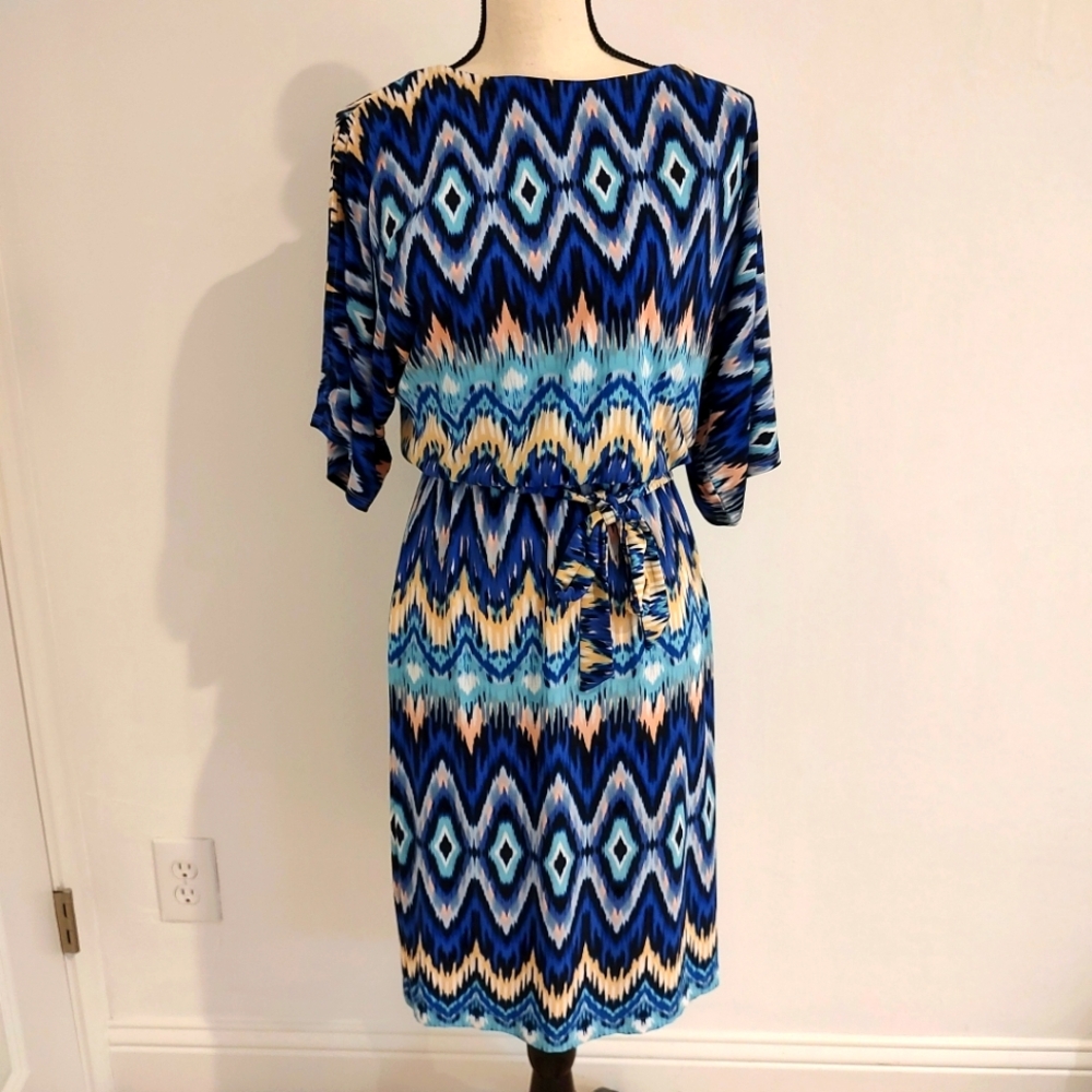 Chico's Ikat Multi Color Slit Sleeve Tie Waist Dress Chevron Tur…